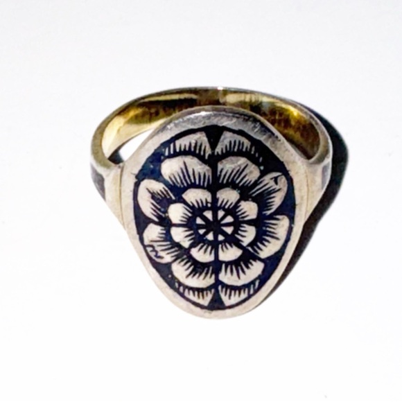 russian Jewelry - Russia Soviet Era Vintage 1950-60s 875 Silver Niello Ring Black Floral Sz 7